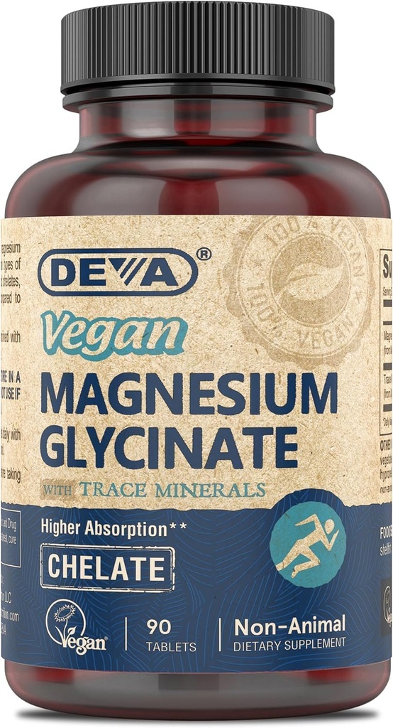 DEVA Vegan Magnesium Glycinate 300mg per porzione con minerali di trace, assorbimento superiore, magnesio chelato, 90 compresse