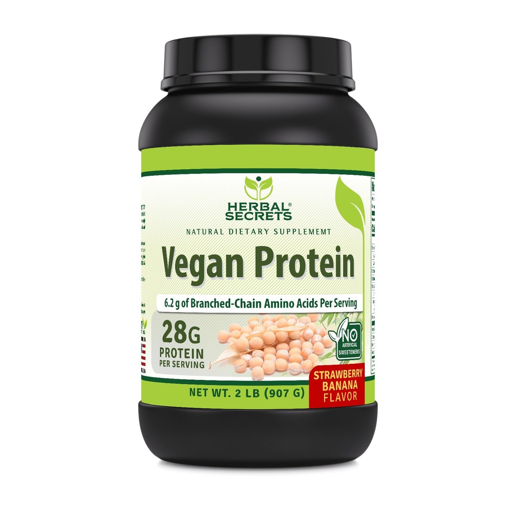 Herbal Secrets Vegan Protein | 28 Grams Protein | 23 Servierungen | 6.2 Grams BCAA Supplement | Made in USA (2 Lb, Erdbeere Banana)