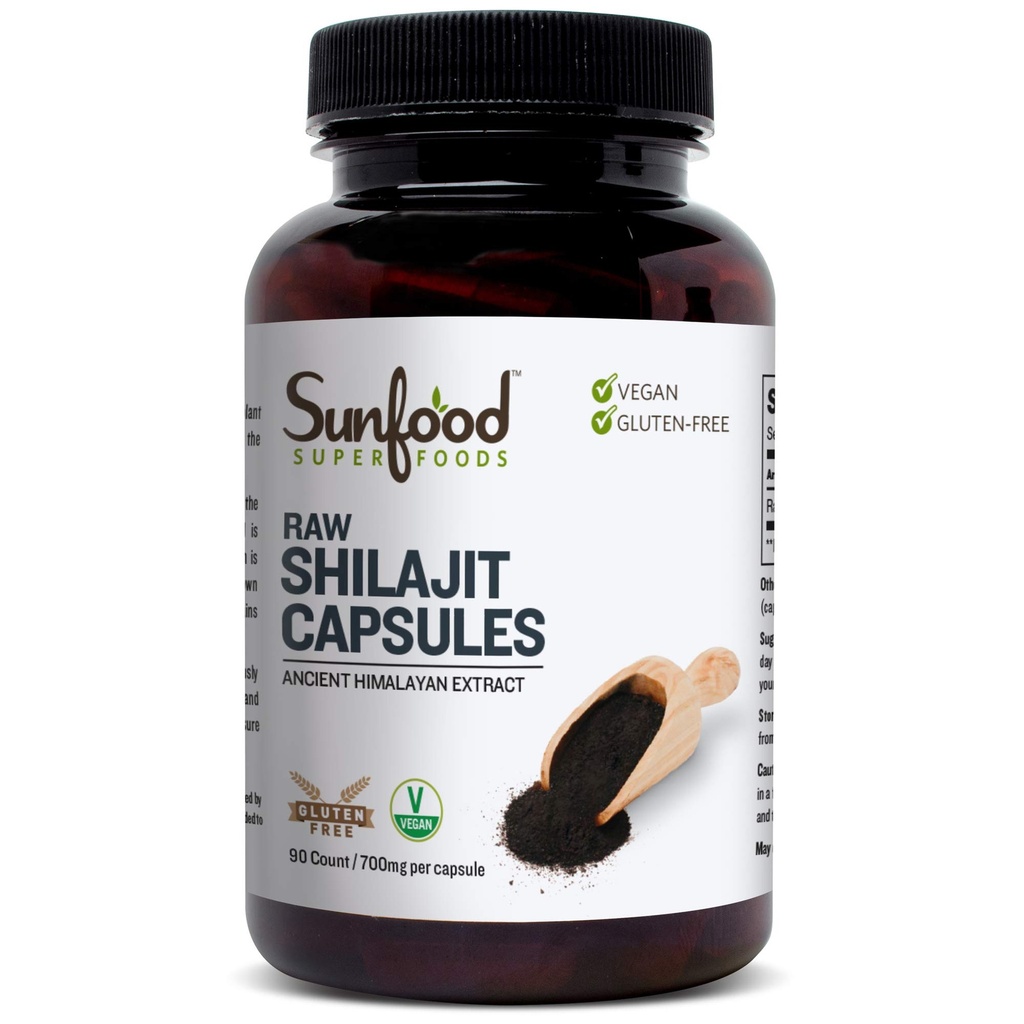 Sunfood Superfoods Shilajit Capsules - Pure Shilajit Resin für Damen und Herren, Antike Himalaya-Extrakt mit Fulvic Säure, Mineralien, Shilajit Pulver Pillen - 90 Kapseln