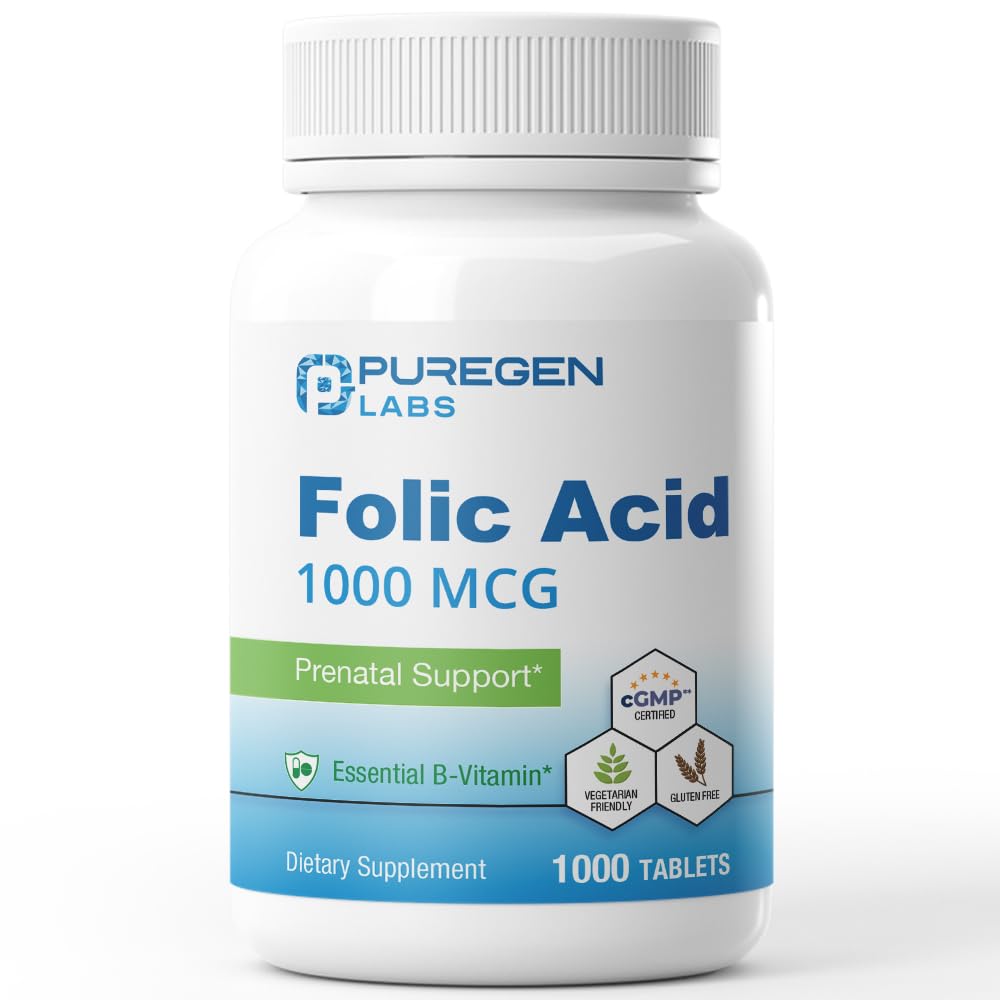 Puregen Labs Folsäure 1000 mcg Tabletten | Vitamin B9 | Non-GMO | Gluten Free | Made in USA | Wert Größe 1000 Tabletten