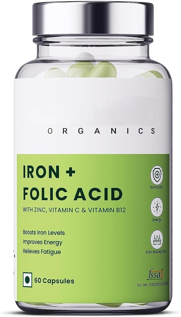 Organics Iron + Folic Acid Supplemento con Zinco, Vitamina C & Vitamina B12 | 60 Veg Capsule | Supporta la costruzione del sangue, l'immunità e l'energia | Migliora l'assorbimento del ferro