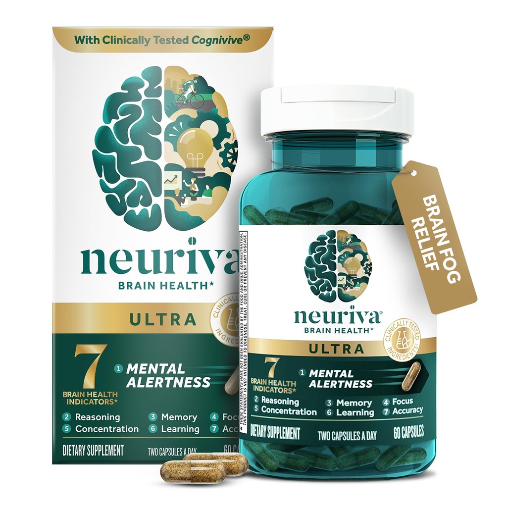 NEURIVA Supplément au cerveau nootrope testé cliniquement pour l'alerte mentale, la mémoire, le focus et la concentration, Cognivive, Neurofactor, Phosphatidylsérine, Vitamines B6 B12, 60 capsules