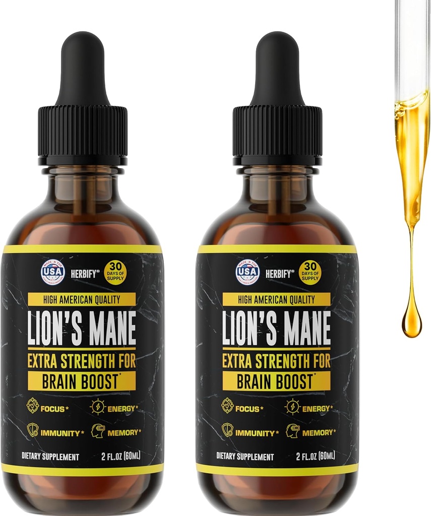HERBIFY Lions Mane - Lions Mane Mushroom Supplement- Lions Mane Tincture - Immununterstützung - Lions Mane Tincture for Memory, Focus & Clarity - Daily Mushroom Supplement - 2 Fl oz 2 Pack