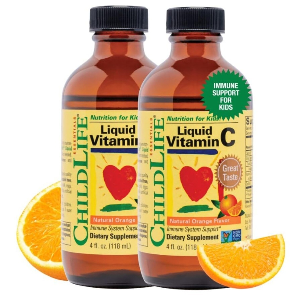 CHILDLIFE ESSENTIALS Liquid Vitamin C - Pure Vitamina C Liquido Supplemento per bambini, Immune System Support, Natural Orange Flavor, 4 Fl Oz (Pack of 2)