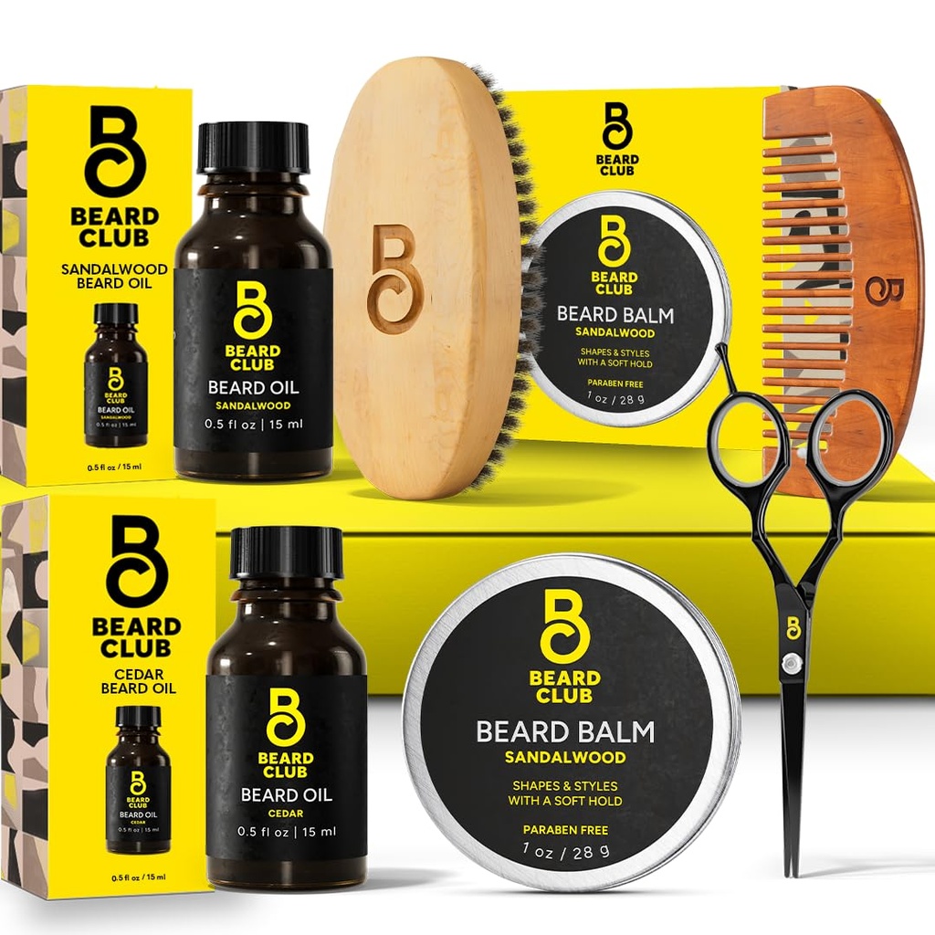 The Beard Club Bart Kit für Herren - Grooming & Care Kit - Cedar & Sandalwood Öl, Sandalwood Balm, Boar Bristle Brush, Comb, Trimming Scissors - Dad Geschenkset