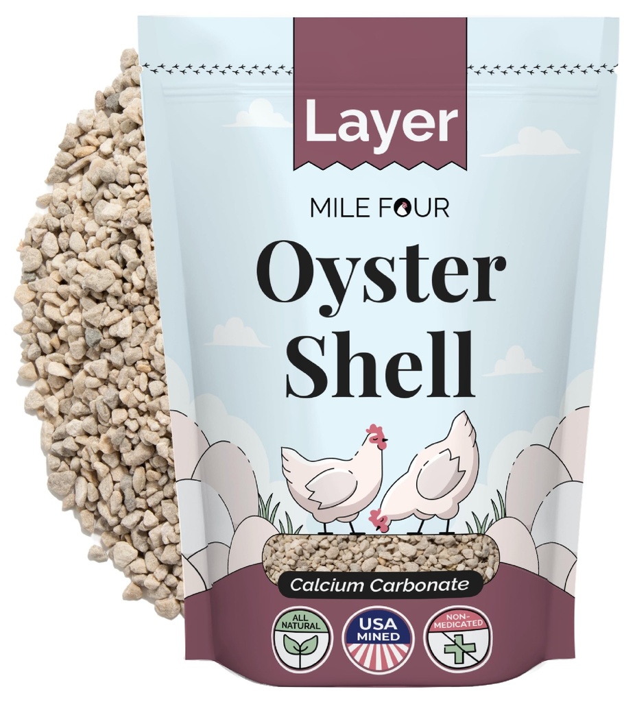 Mile Four Oyster Shell per Polli - Integratore di calcio per Polli, Carbonato di calcio di Limestone naturale al 100%, Forte Eggshell & Bone Booster, 4 lbs