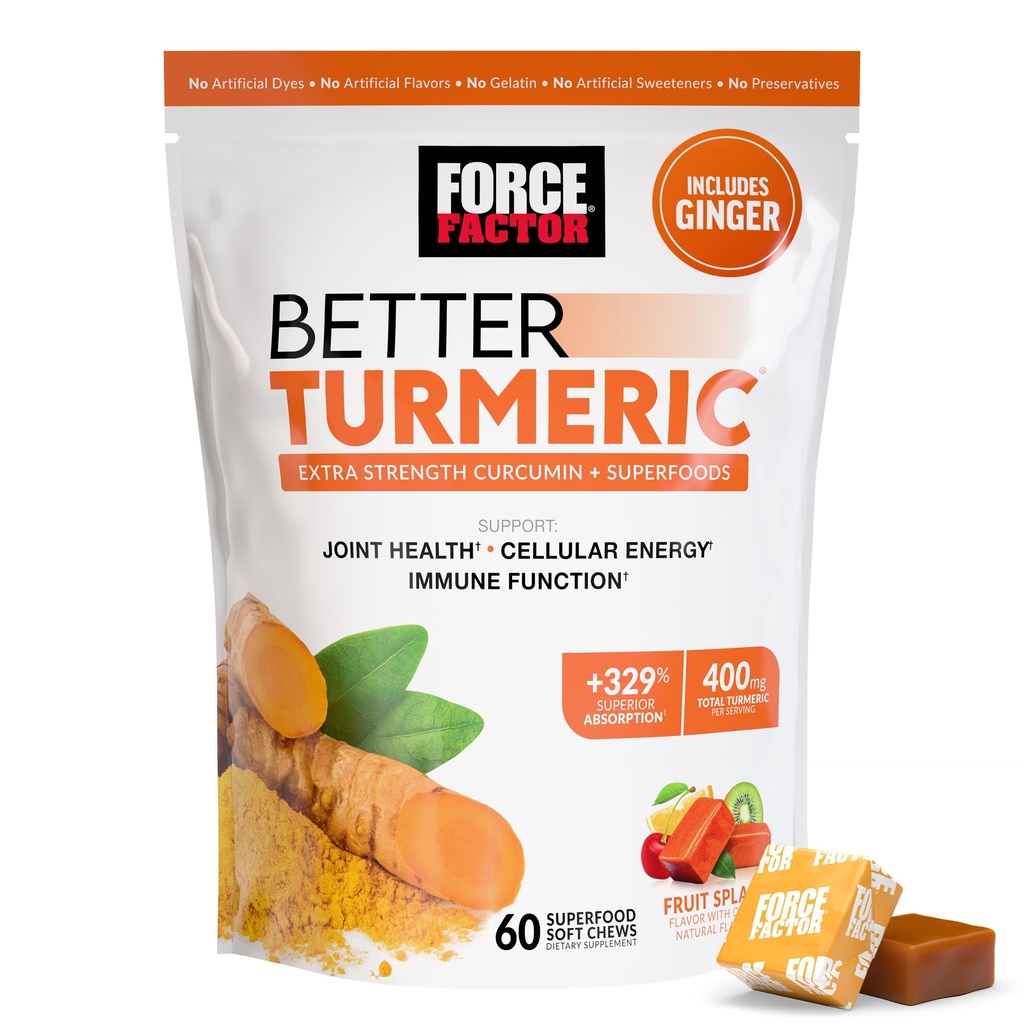 FORCE FACTOR Better Turmeric Supplement 400mg mit schwarzem Pfeffer & Ginger, extra Strength Joint Support, Superior Absorption, wie Turmeric Gummies, Fruit Splash, 60 Turmeric Chews