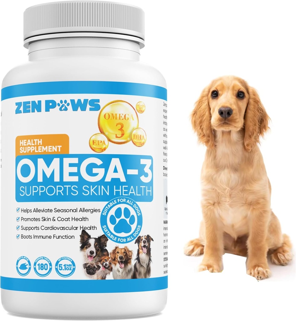 Omega 3 Huile de poisson pour chiens - 180 Comprimés Comprimés – Aide Shedding, Allergie de la peau, Démangeaisons et Sec Peau Relief, Points chauds - Santé articulaire - Supplément de peau et de manteau - Huile de saumon - Arôme de canard