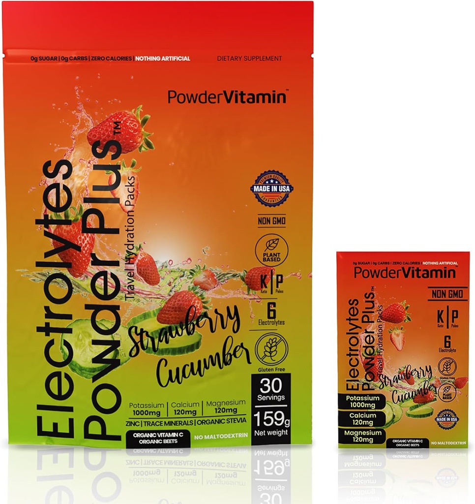 PowerVitamin Electrolytes Powder Packets - Cetriolo di fragole - Keto Electrolytes per l'energia quotidiana - Polvere di idratazione con Potassio di 1000mg, Magnesio di 120mg, Calorie Zero - 30 Pacchetti di idratazione
