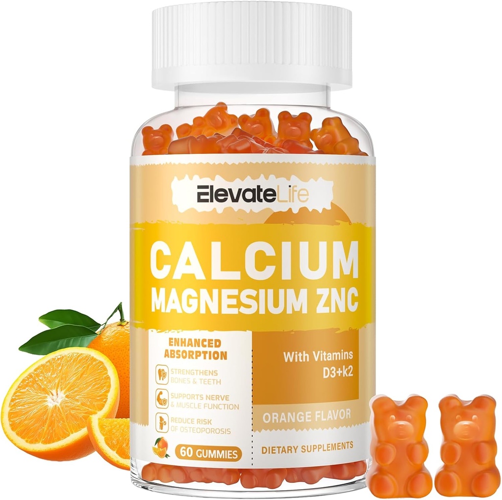 Calcium Magnesium Zink-Gummien mit Vitamin D3 & K2 - Hohe Potenz verbesserte Absorption -60 Orangen-Gummien entflammt