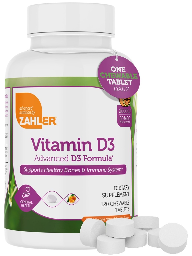 Zahler Vitamin D3 CHEWABLE 2000IU, ein All-Natural Supplement Targeting Vitamin D Deficiencies, Certified Kosher, 120 Great Tasting Orange Flavored Tablets