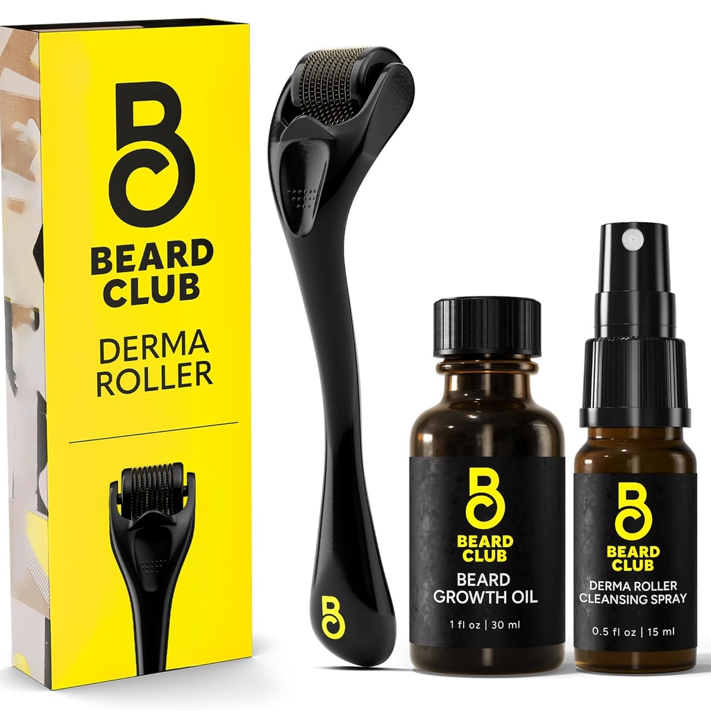 The Beard Club Derma Roller, Oil & Cleansing Spray per viso, corpo e scala - Microneedling per uomini e donne con 540 Microneedles in titanio