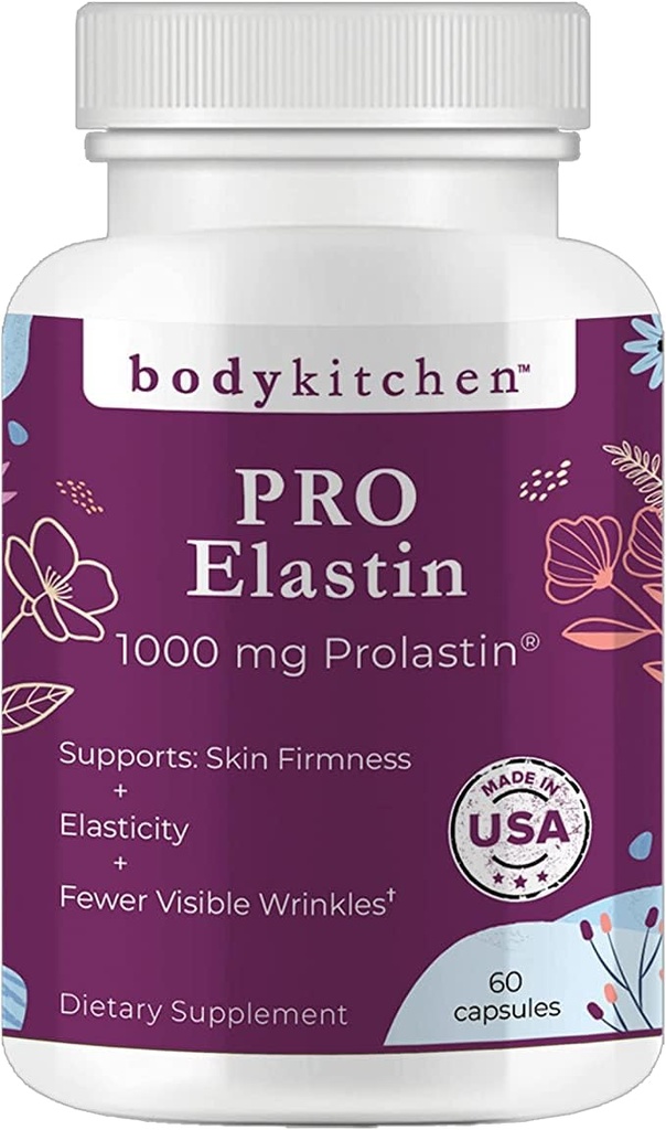 Body Kitchen Pro-Elastin, 1000 mg Elastin Supplement, Aiuta a ridurre i segni di invecchiamento, migliorare la salute della pelle, la fermezza e l'elasticità, le rughe dei piedi, i tappi di verdure, (Pack of 1)