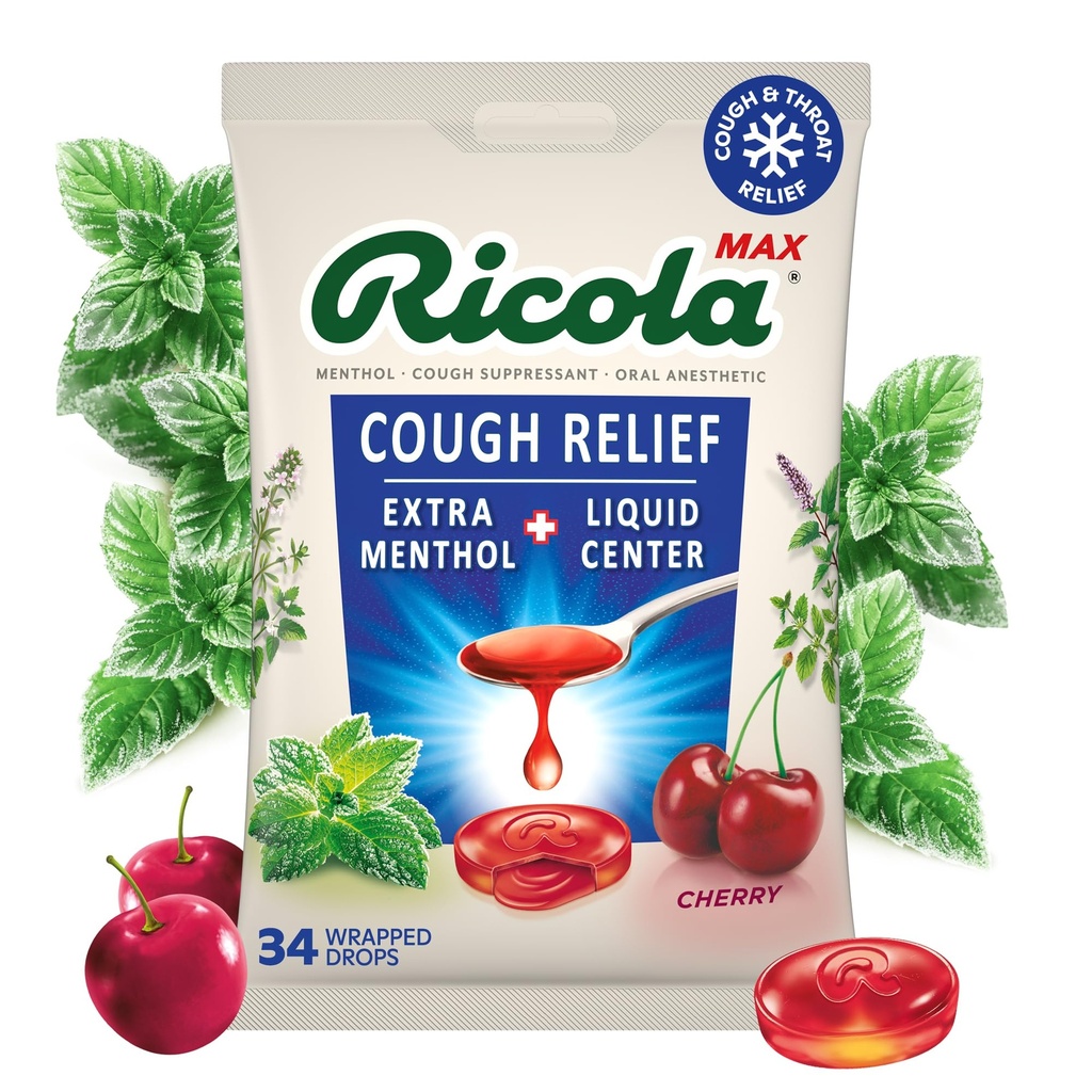 Ricola Max Swiss Cherry Throat Care Large Bag | Cough Suppressant Drops | Dual Action Liquid Center | Beruhigendes Langlebiges Relief - 34 Count (Pack von 1)