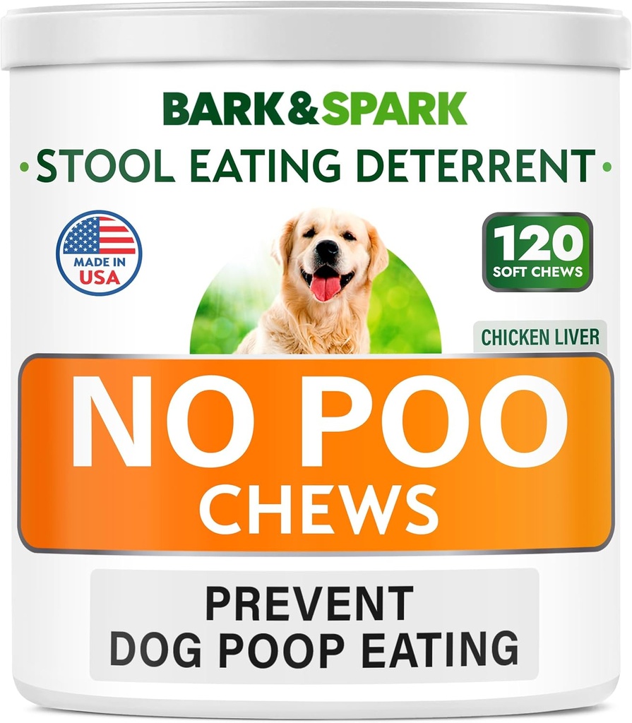 BARK&SPARK NO Poo Treats - Prevenire Cane Poop Mangiare - Trattamento Coprofagia - Sgabello Mangiare Deterrent - Probiotici & Enzimi - Salute Digestiva + Respirante - 120 Soft Chews - USA Made - Liver