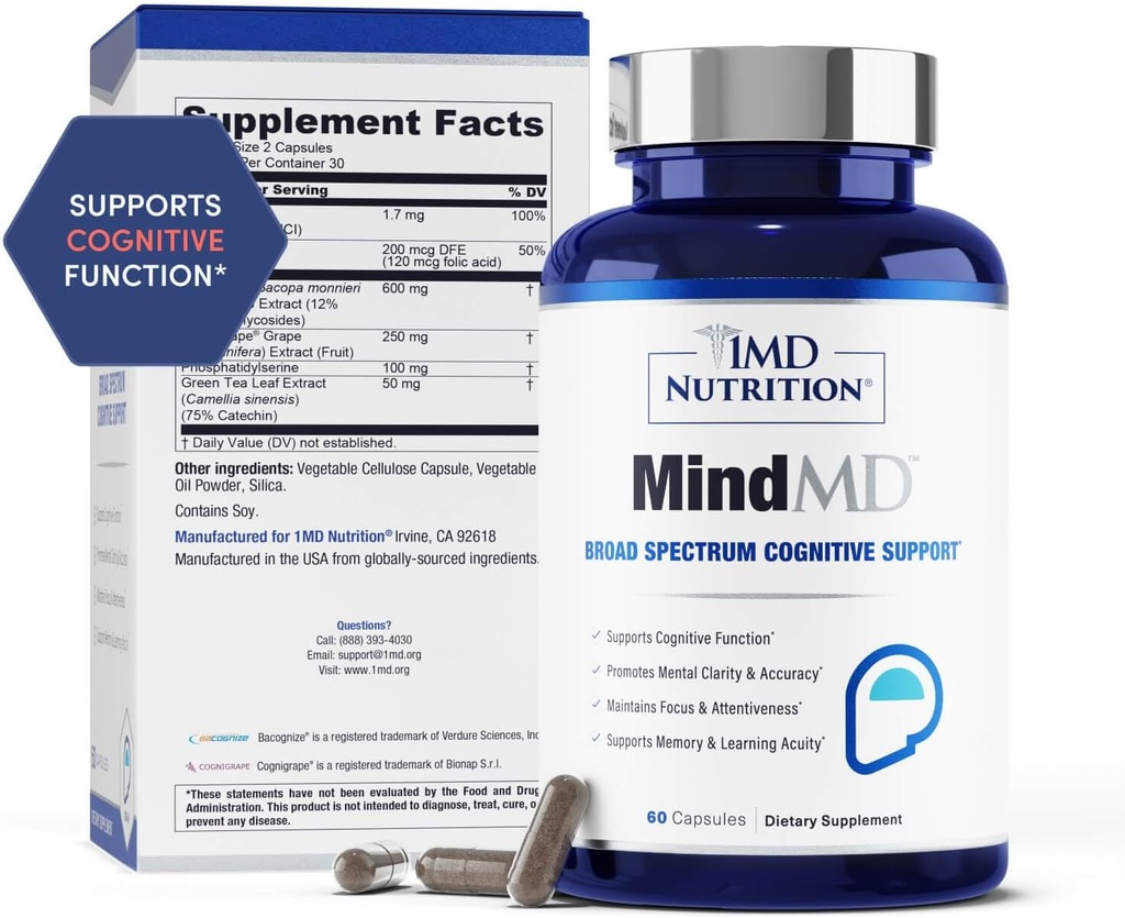 1MD Nutrition MindMD - Supplément Cerveau pour la mémoire et le focus - Bacopa Monnieri pour le soutien du cerveau nootrope - Supplément Santé du cerveau pour les adultes - avec vitamine B6 et extrait de thé vert - 120 capsules
