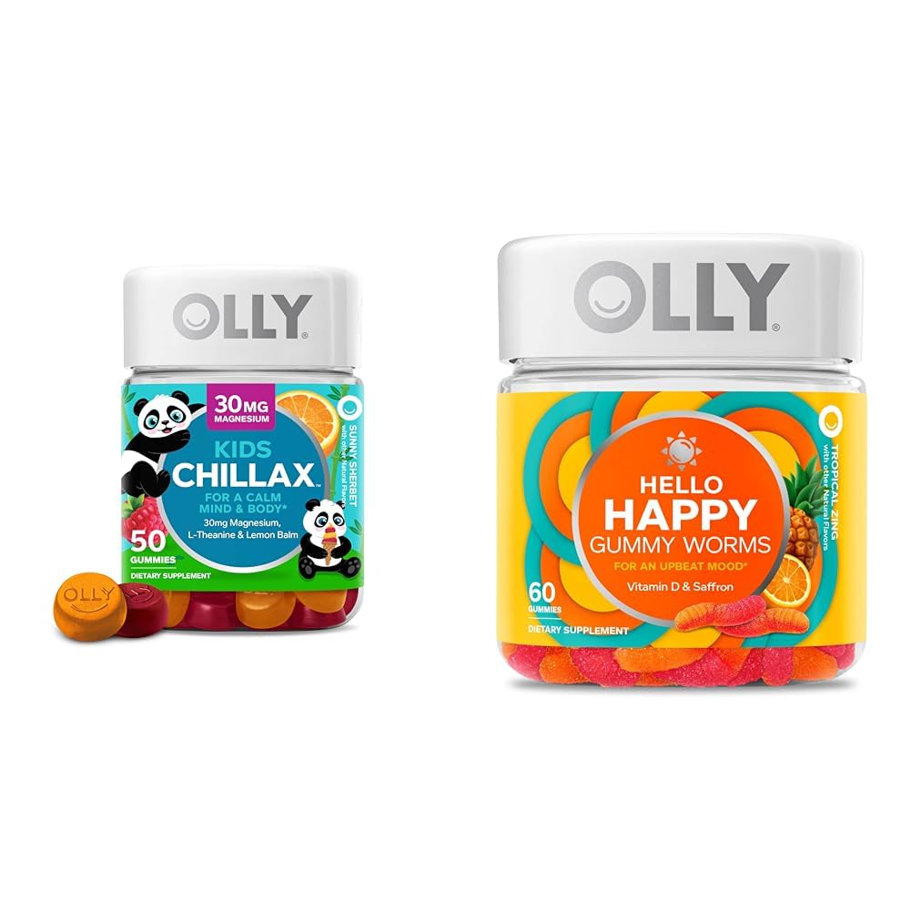 OLLY Kids Chillax, Magnésium Gummies Plus L-Theanine, Lemon Baume & Bonjour Happy Gummy Worms, Soutien de l'équilibre d'humeur, Vitamine D, Safran, Supplément à croquer pour adultes, Zing Tropical - 60 Comte