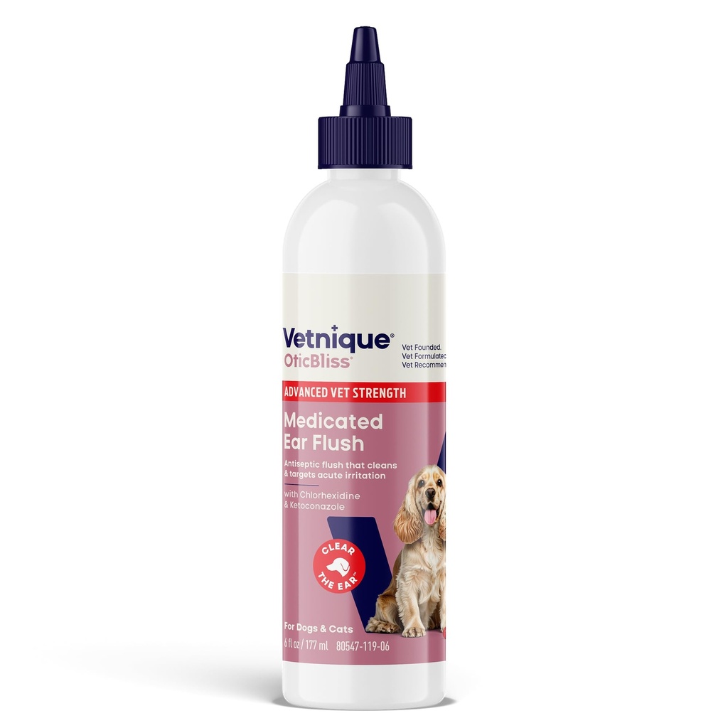 Vetnique Oticbliss Advanced Strength Medicated Dog Ear Infection Treatment, Antisettico Ear Cleaner per Cat & Dog Ear Cleaning Solution Chlorhexidine & Ketoconazole (6oz Flush)