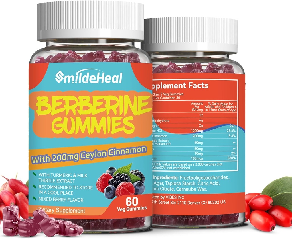 2 Pack Berberine Gummies 1200mg con Ceylon Cinnamon 200mg, Latte Thistle Extract & Turmeric, Vegan Berry Flavor, Non OGM, Gelatin-Free, Gluten-Free, 120 Count