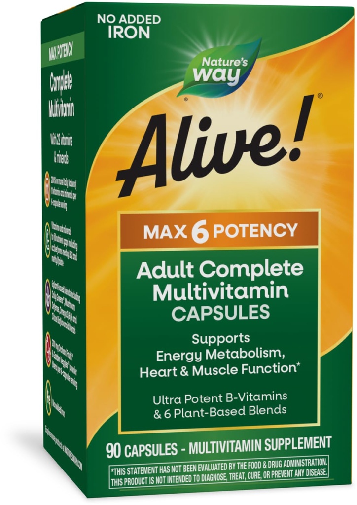 Nature's Way Alive! Max6 Potency Adult Complete Multivitamin, Vitamine A,C, E & B-Vitamine einschließlich Methyl B12 & Folate, unterstützt Energie Metabolismus*, kein Hinzugefügt Eisen, 90 Kapseln (Packaging Mai Vary)
