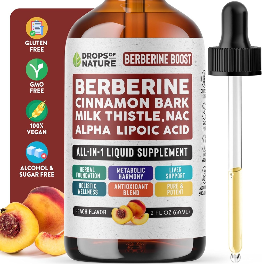 Integratore di Berberina, cardo del latte, cannella di Ceylon, acido lipoico alfa, gocce liquide di supplemento di NAC - Vegan, assorbimento di 4X rispetto alle capsule - Berberina per il supporto del fegato e benessere olistico (Peach, 60mL)