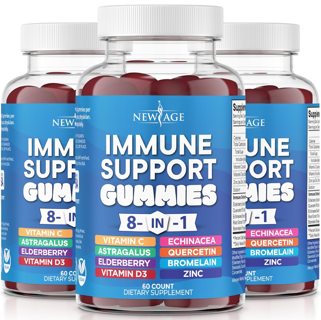 NEU AGE 8 in 1 Immununterstützung Booster Supplement mit Astragalus Root, Vitamin C und Zink 50mg, Vitamin D 5000 IU, Quercetin & Bromelain (8 in 1 Gummi (Pack mit 3))