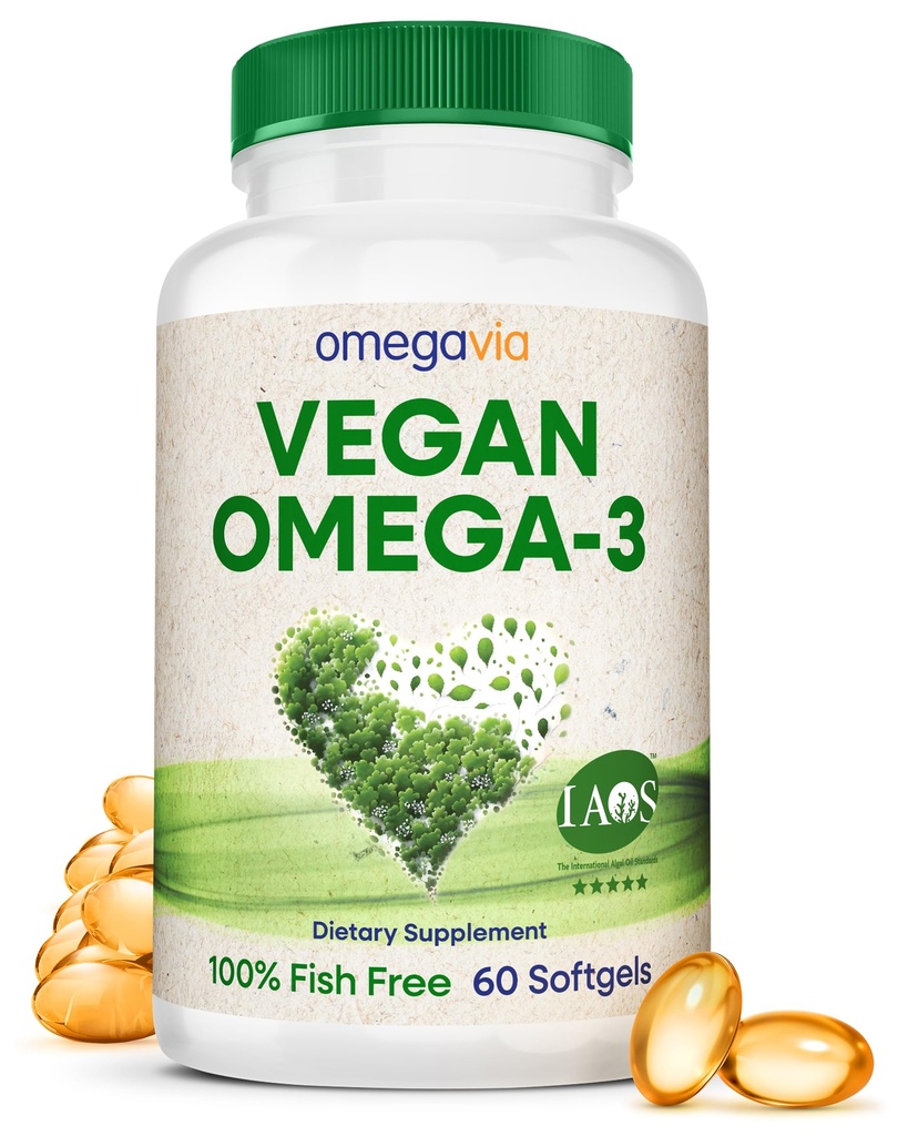 OmegaVia Vegan Omega 3 Supplement, Algae Omega 3 Fish Oil Alternative, 300mg Vegan DHA Fettsäuren, Pflanzenbasiert, Planet und Ozean freundlich, IAOS 5 Sterne getestet, 60 Softgels