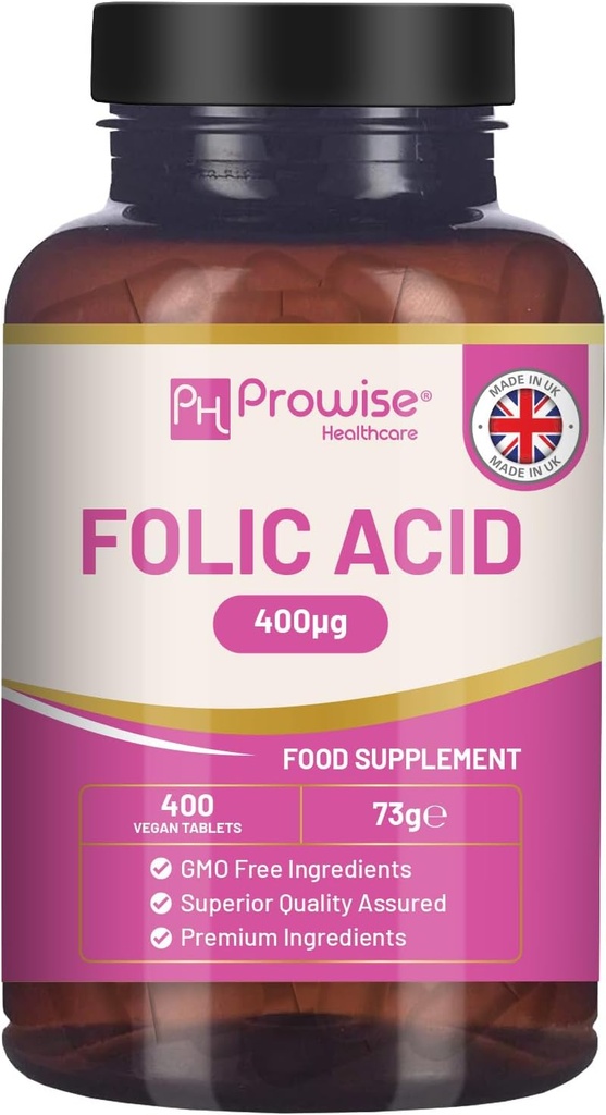 Folsäure Tabletten 400 mcg - 400 Vegan Vitamin B9 Tabletten | 13 Monate Versorgung | Vitamin B9 Schwangerschaftspflege | Normale Funktion des Immunsystems & Maternal Gewebewachstum während der Schwangerschaft | UK Made – Prowise