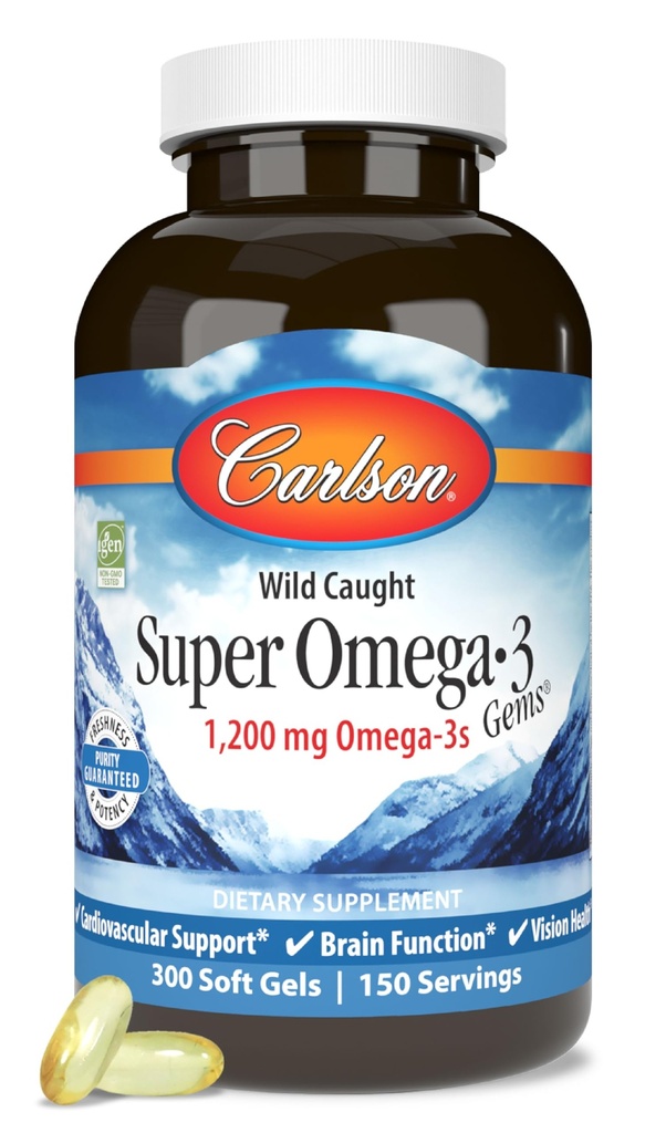 Carlson - Super Omega-3 Gems, 1 200 mg Omega-3 Acides gras avec EPA et DHA, supplément d'huile de poisson norvégienne sauvage, capsules à source durable 300 Softgels