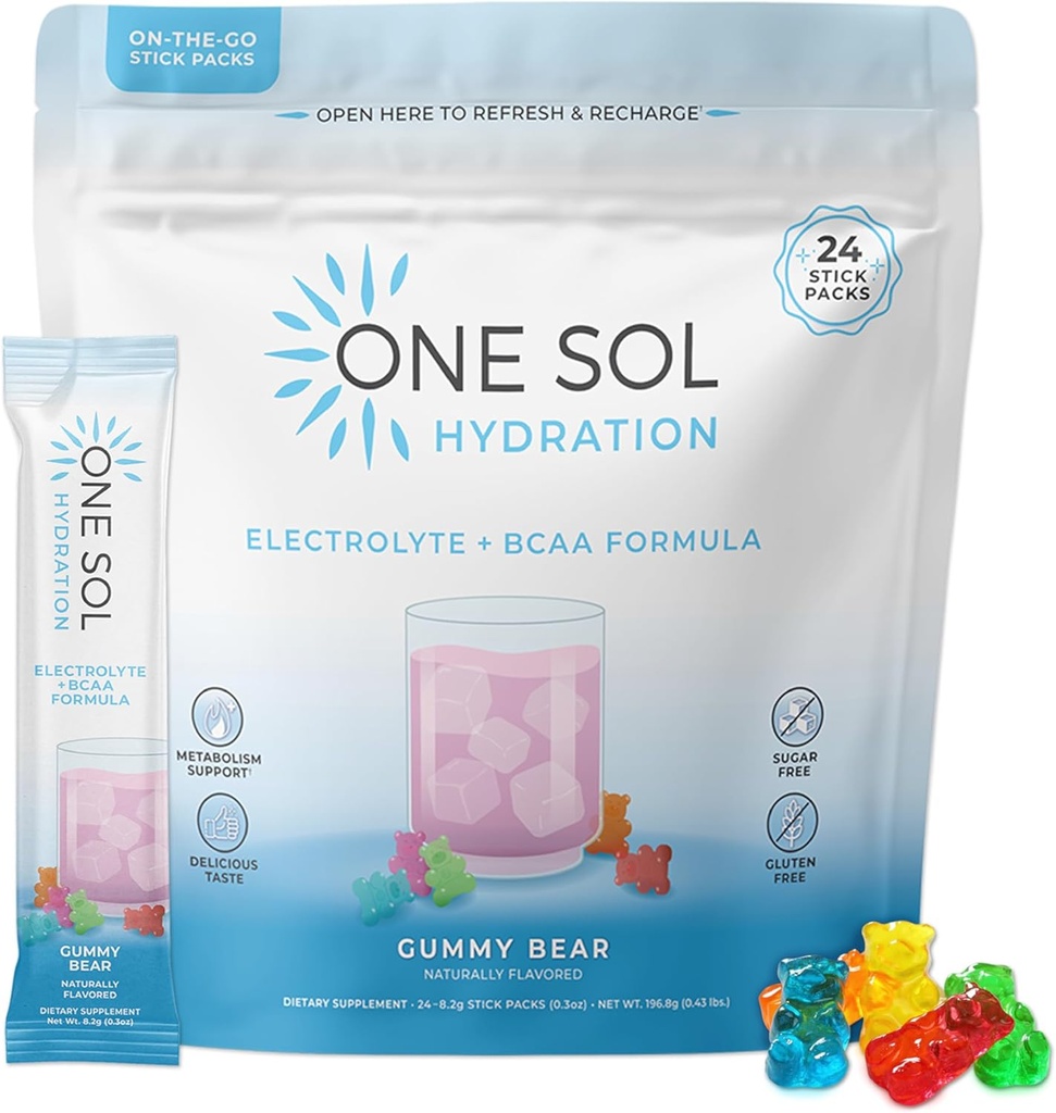 Ein Sol BCAA & Elektrolyt-Pulver für Hydration & Energie, All-Natur-Formel, 100% Vegan, Non-GMO, Gluten Free & Soy-Free, fördert Muskelwachstum & Erholung, Gummy Bear Flavor