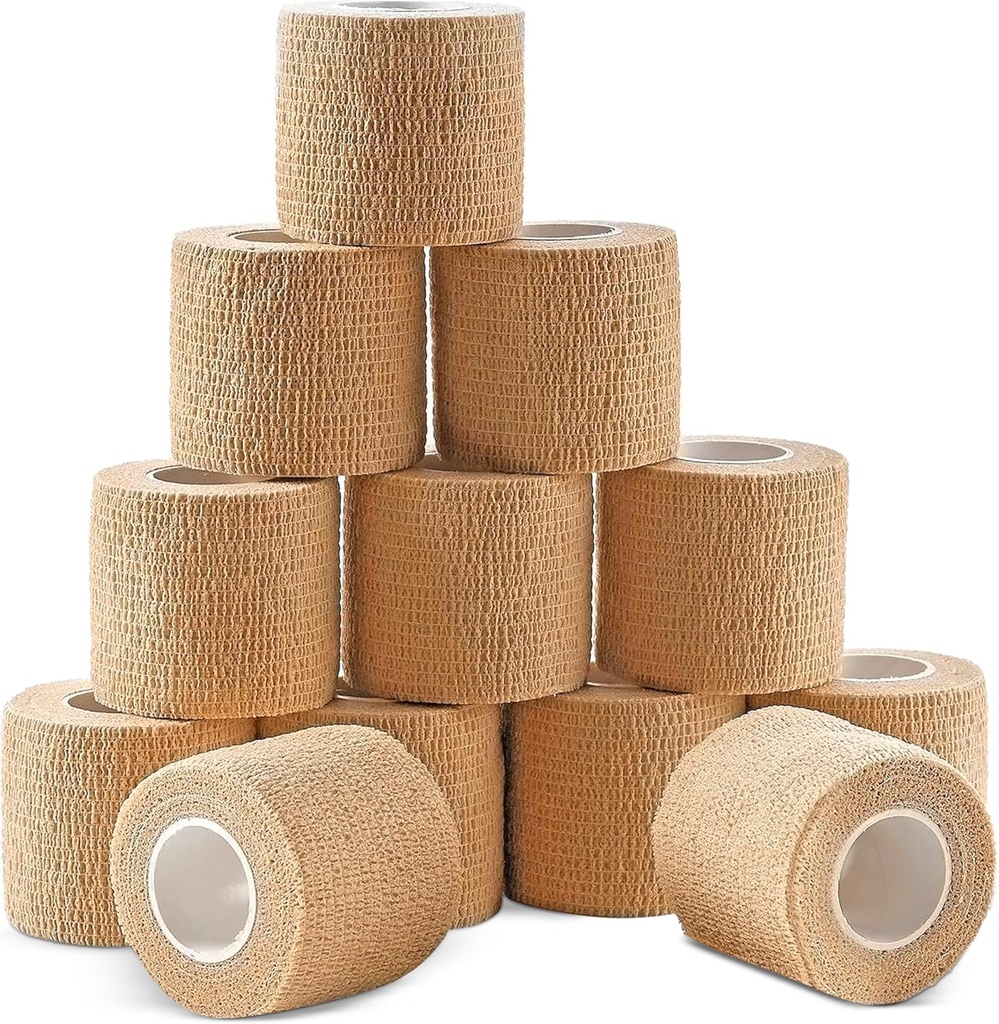 Self-Adherent Cohesive Wrap Bandages, 2=2 x 5 Yards pour les premiers soins, les entorses, l'houle, les sports, les animaux de compagnie, la couleur de bronzage – 12 Compte