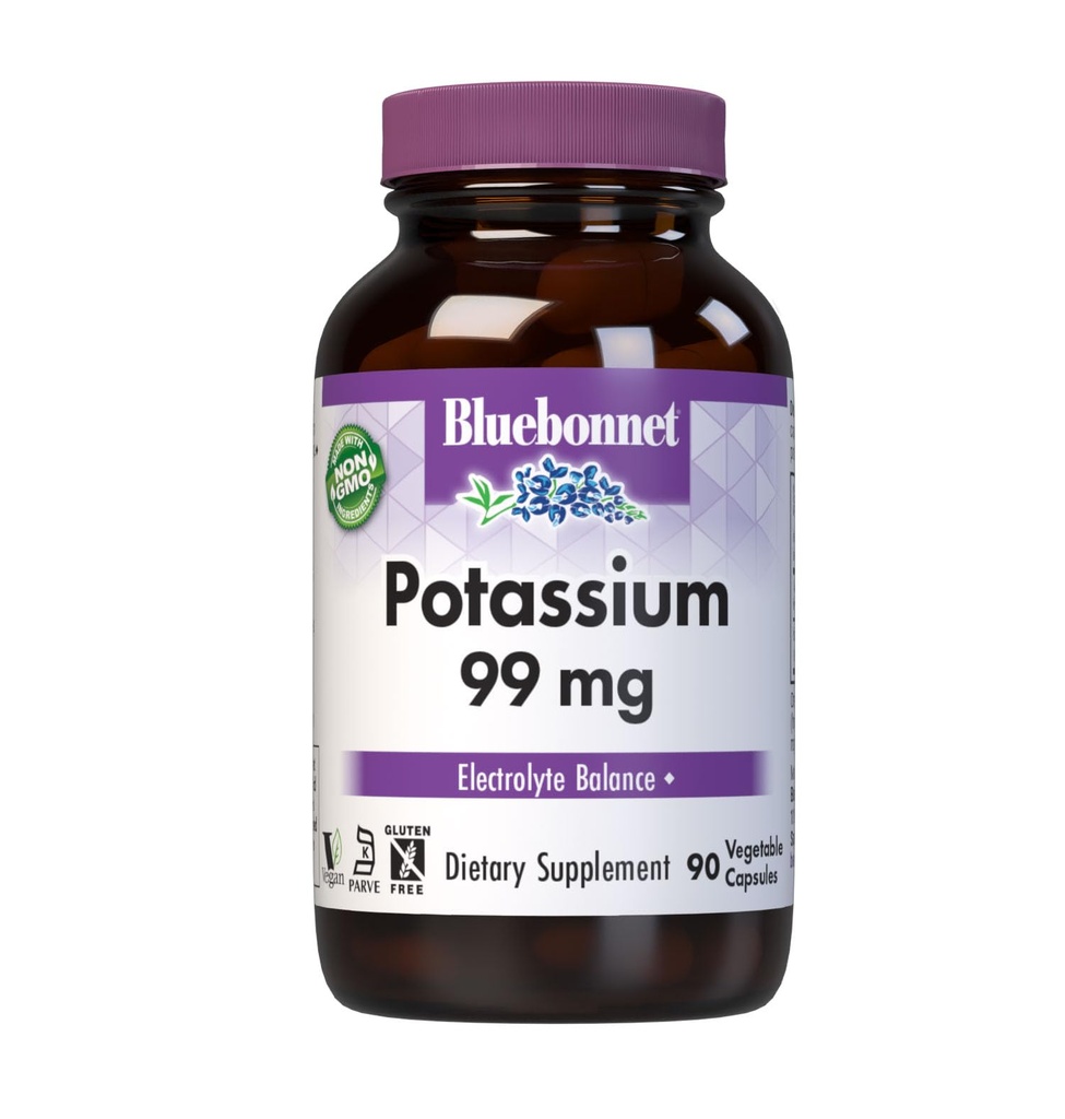 Supplément Potassium Bluebonnet Aspartate 99mg Compléments minéraux essentiels pour équilibre électrolytique - Non-OGM, Vegan, Certifié Casher, Sans gluten, Sans soja, Sans lait - 90 Capsules de légumes