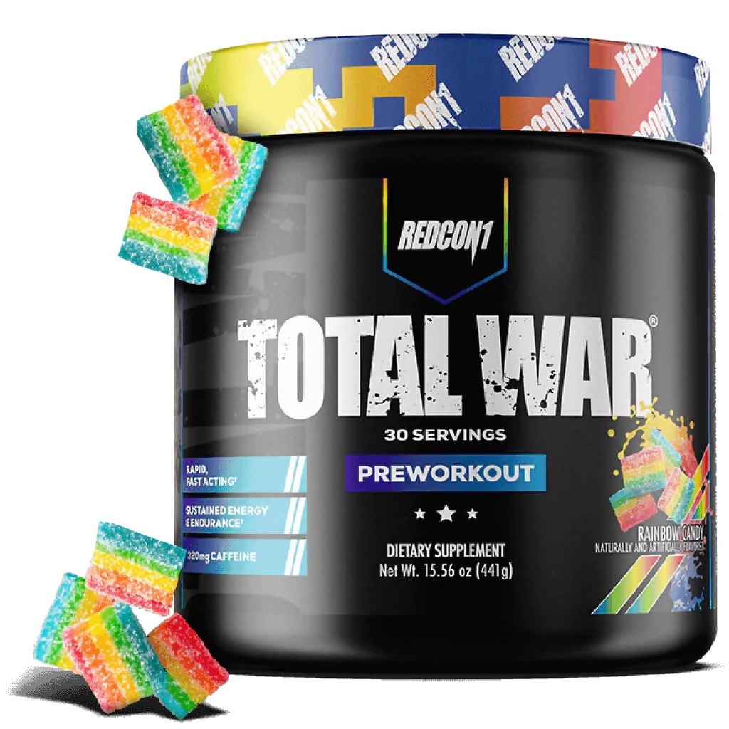 REDCON1 Total War Preworkout - Contains 320mg of Caffeine from Green Tea, Juniper & Beta Alanine - Pre Work Out with Amino Acids to Increase Pump, Energy + Endurance (Rainbow Candy, 30 Servings)