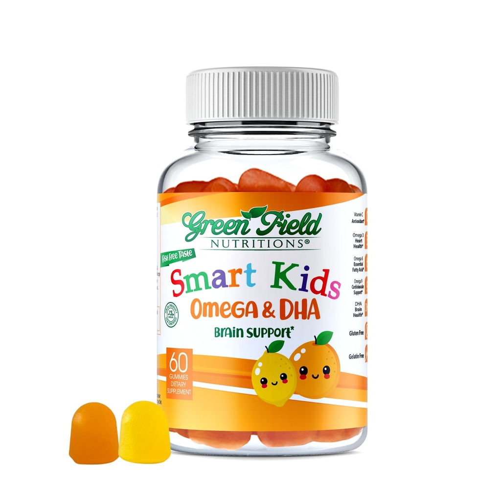 Greenfield Nutritions Smart Kids Halal Omega 3 Gummi mit DHA - 60 Halal Vitamine für Kinder, unterstützt Gehirn & Immune Gesundheit - Vegan, Non-GMO, Gluten, Gelatin-freie und Peanut-freie Halal Gummy Vitamine