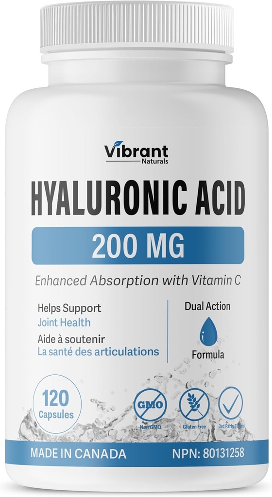 Supplément à l'acide hyaluronique 200mg - 120 gélules, avec vitamine C 100mg, santé articulaire et de la peau, non-OGM fermentation, sans gluten, tiers testé, formule biodisponible