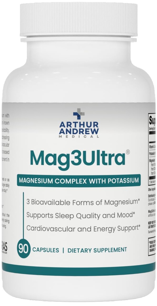 Arthur Andrew Medical, Mag3Ultra Triple Magnesium Supplement, Sucrosomial, Bisglycinat, Taurate für Muskel, Stress, Stimmung, Nerve, Knochen & Herz Unterstützung, 90 Kapseln