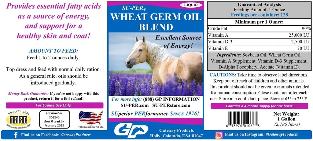 SU-PER Wheat Germ Ölmischung für Pferde - Unterstützt Energie, Ausdauer, Stamina, Gesunde Haut und Mantel - essentielle Fettsäuren, Vitamine und Mineralstoffe - 1 Gallon + Pumpe, 4 Monate Versorgung