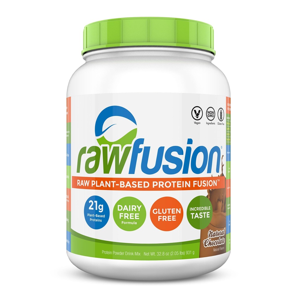 Rawfusion- Poudre de protéines végétales, Chocolat naturel - 30 portions, 21g de protéines végétales, faibles glucides nets, non laitiers, sans gluten/lactose, sans soja, sans casher, sans OGM, 2 livres