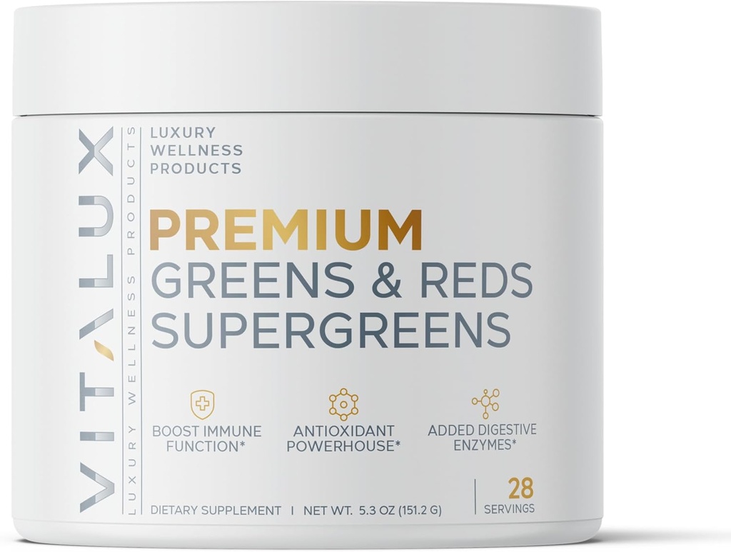 VITALUX || #1 Valutato Premium Greens & Reds Superfood Powder || Funzione Immune, Aggiunti Antiossidanti, Caricato w / Enzimi Digestivi | 17 potenti ingredienti | 3rd Party Tested, Vegan + USA Made - 28 giorni