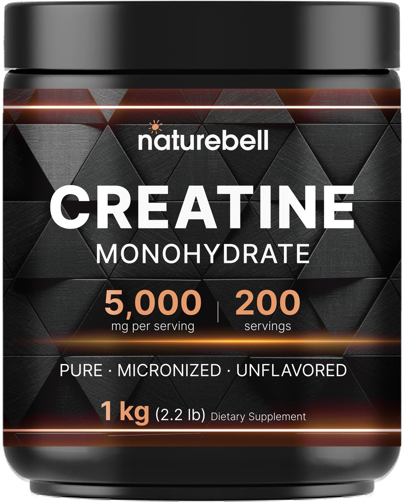 Polvere monoidrata della creatina di NatureBell 1.000g, 5000mg per la dose, 200 Serve (2.2 lb) | Micronized, Pure & Unflavored | supporto muscolare pre-allenamento* | Keto, Vegan, Filler-Free