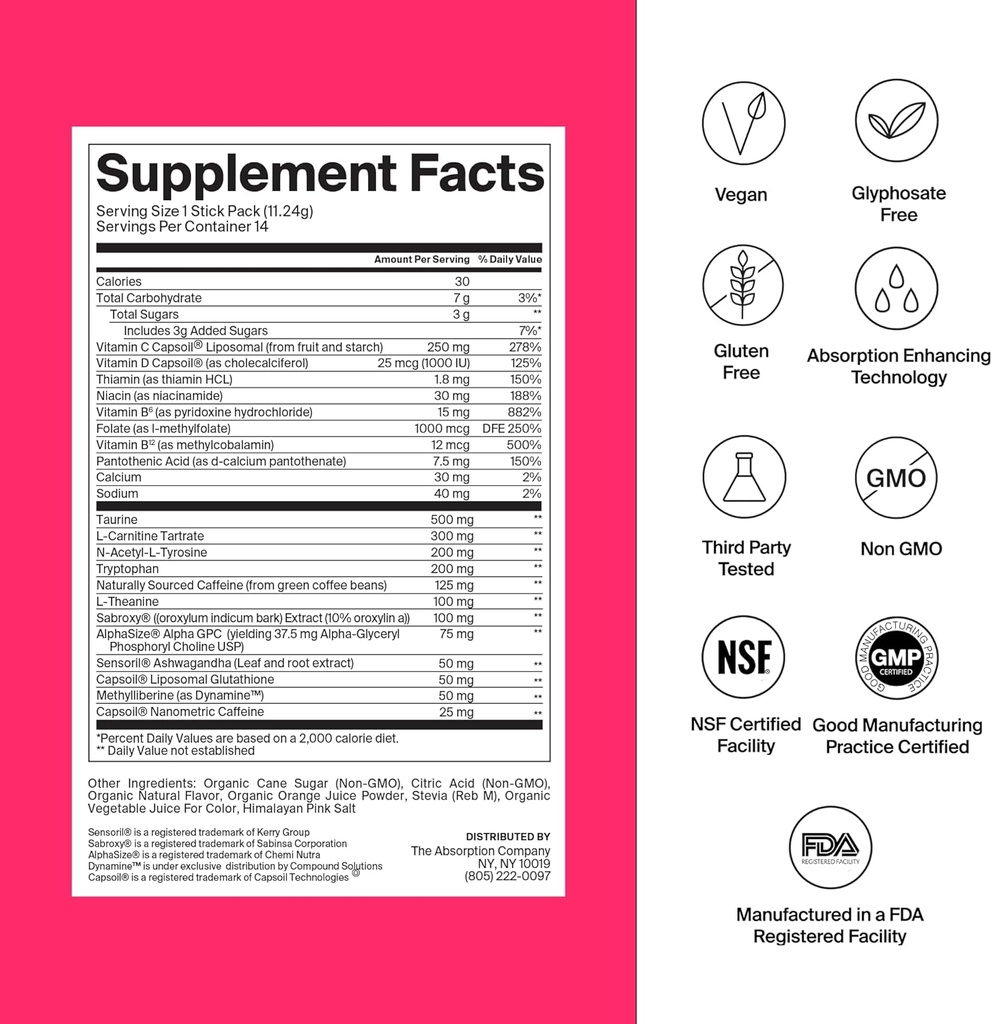 Die Absorptionsfirma Energy Drink Powder Mix Packets – Clean Energy Booster zur Unterstützung der Alertness mit 150mg natürlichem Koffein & Vitamin C – Fruit Punch Flavor, 28 Sticks