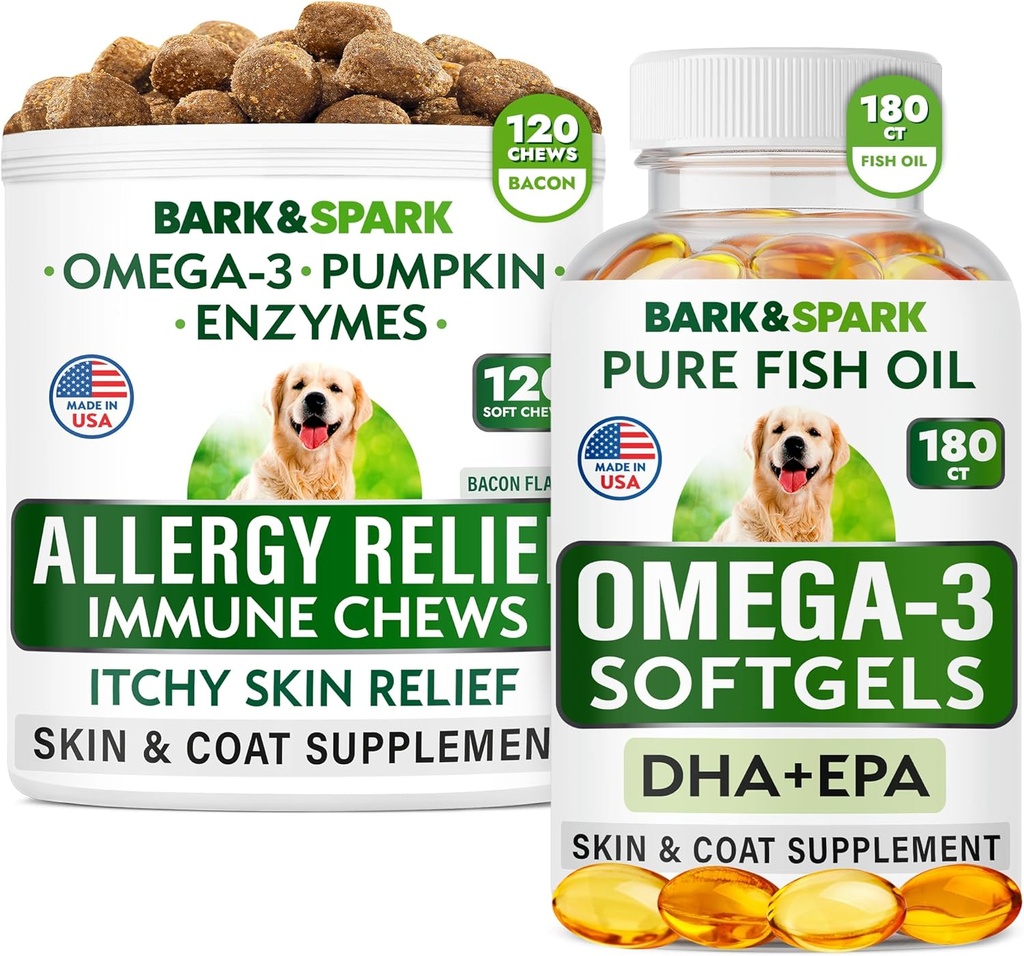 Allergy Relief + Omega 3 Bundle - Anti-Itch Skin&Coat Supplement + Allergy Skin - Omega 3 Fish Oil + EPA& DHA Grassty Acids - Itching&Paw Licking + Joint Health - 120 Chews + 180 Softgels - Made in USA