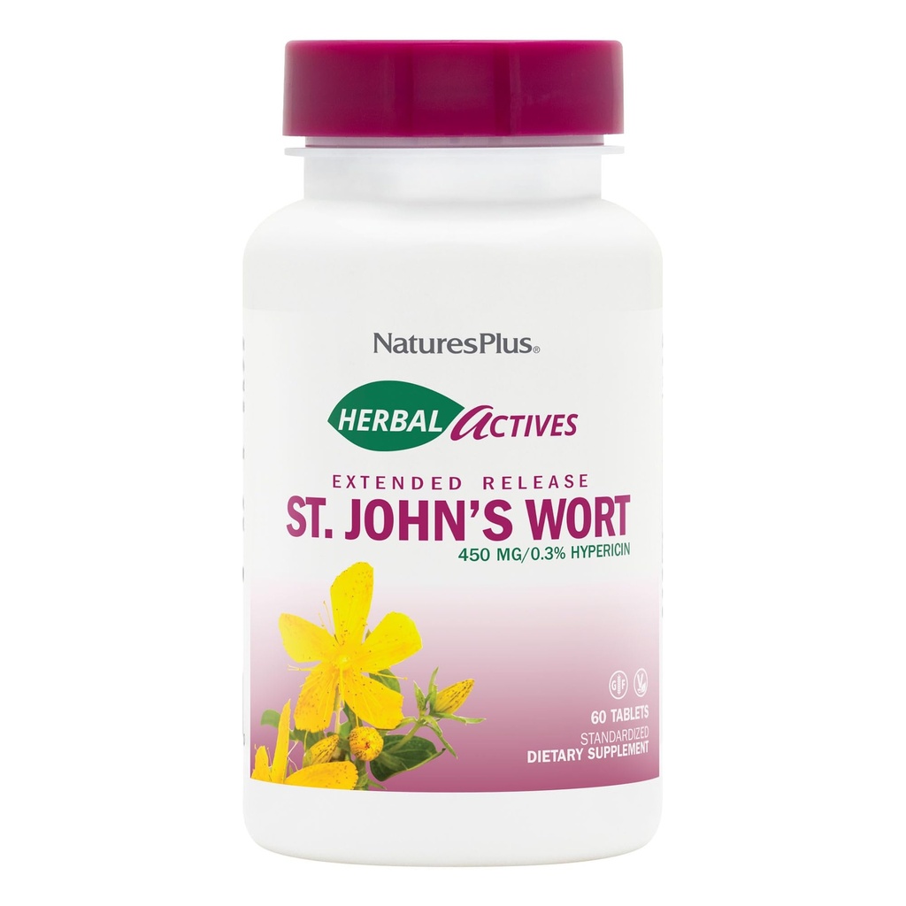 NaturesPlus Herbal Actives St John's Wort, Extended Release - 450 mg, 60 Vegan Tablets - Vegetariano, Senza glutine - 60 Serve