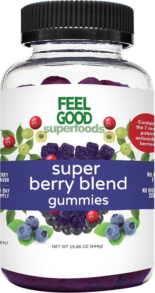 FeelGood Superfoods Super Berry Multivitamin Supplements, Acai, Amla, Lingonberry, Maqui, Bilberry und Aronia Berry Gummies, Berry Flavor, Vegan, Non-GMO, 60 Count