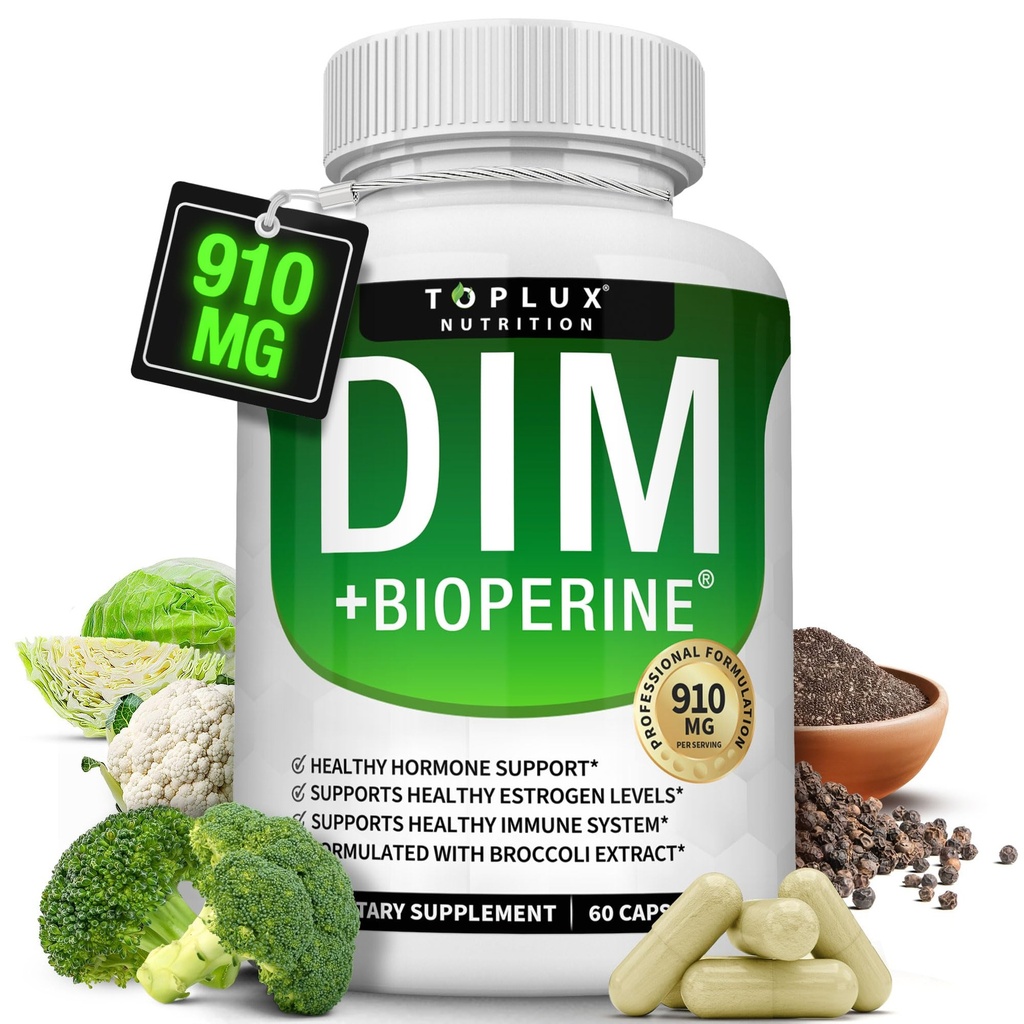 Dim Supplement 910 mg Plus BioPerine Complex - Diindolylmethan zu unterstützen Hormon Balance und Estrogen Metabolismus, hilft mit Menopause Acne PCOS besser Skin Bodybuilding, für Männer Frauen, 60 Kapseln