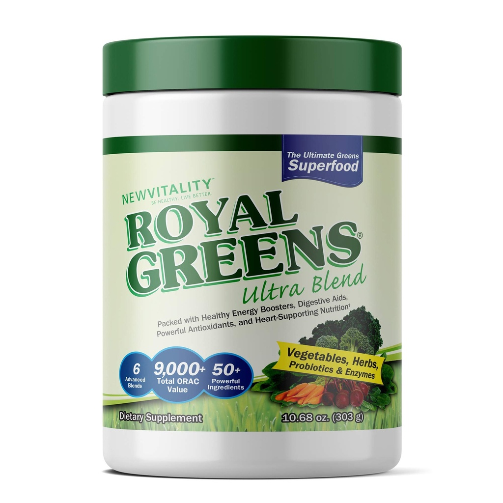 Nuovo Vitality Royal Greens Superfood Powder | Polvere veggie sana con probiotici, enzimi, antiossidanti, erba di grano e verdi 10.75oz (30 giorni di alimentazione)