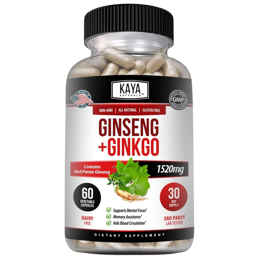 Kaya Naturals Red Panax Ginseng + Ginkgo Biloba - Nootropic Brain Supplement - Kognitive und Konzentration Unterstützung - Brain Booster, Fokus und Memory Supplement - 60 Kapseln