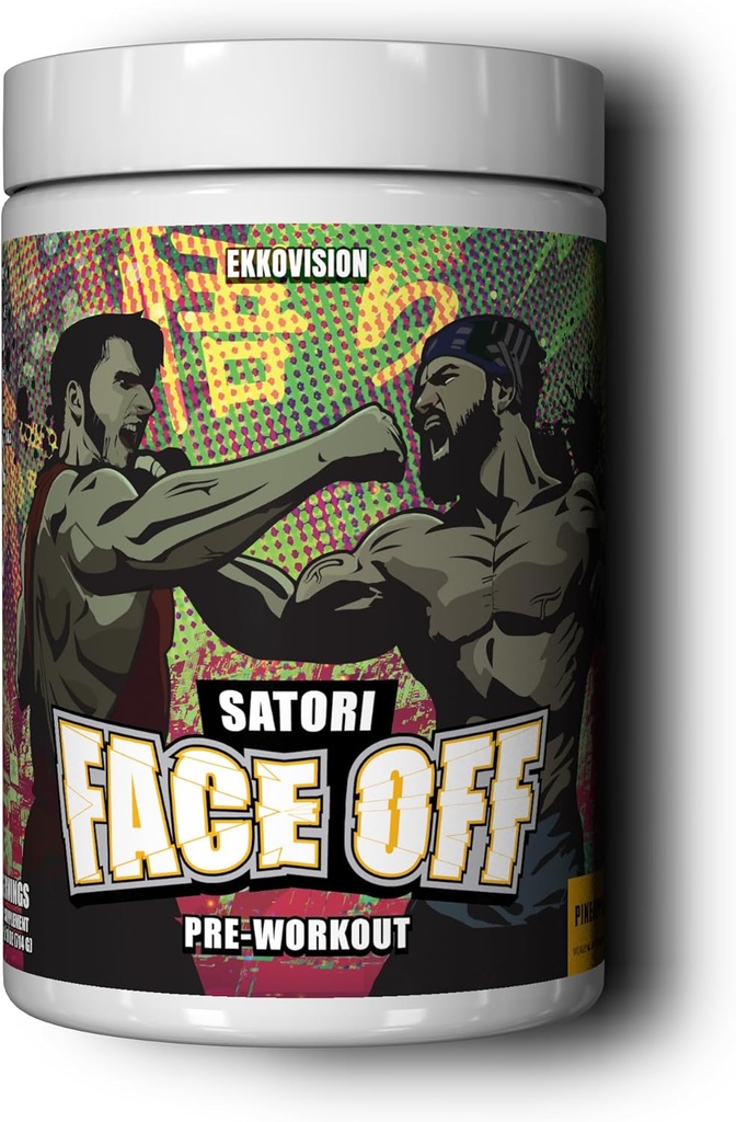 Ekkovision Pré entraînement Satori Face Off avec Tingle, Pineapple Flavor, Préentraînement pour les hommes, Poudre de préentraînement, Énergie, Focus, Support de performance pour gymnastique, Weightlifting, Running, Training, 40 Servitures