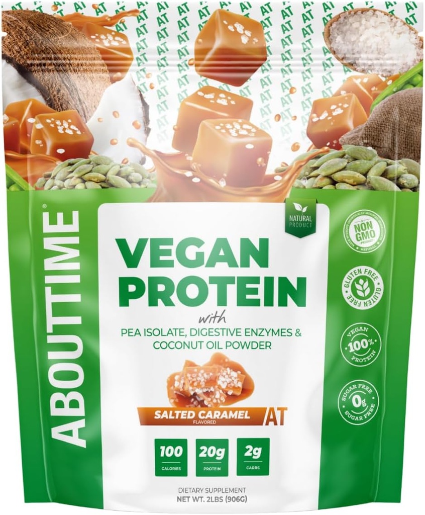 Über Zeit Vegan Protein Pulver 20g Gesalzen Karamell, Natürliche Inhaltsstoffe, Non-GMO, Pflanzenbasiert, Glutenfrei, Sojafrei, Molkefrei, 32 Servierungen