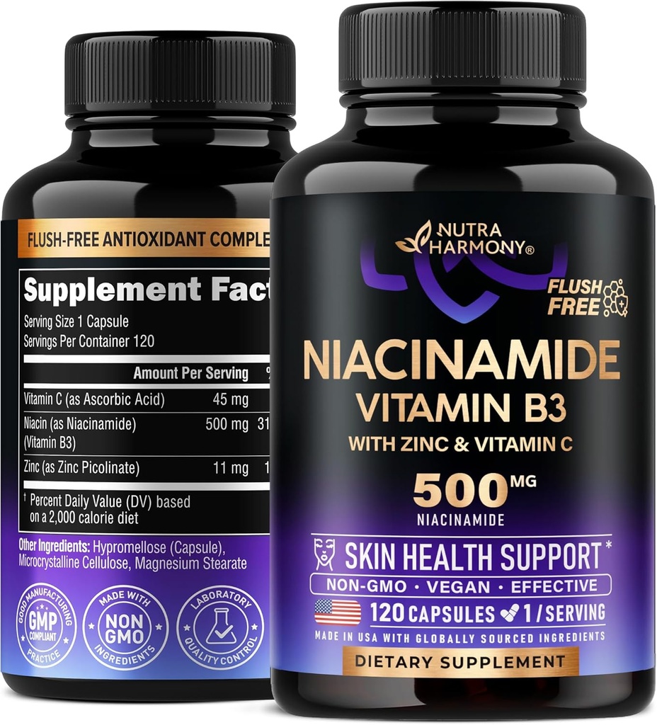 Niacinamide 500 mg - Supplément sans flush de vitamine B3 Niacinamide - Skin clair et antioxydant sain - avec Zinc et vitamine C - Laboratoire testé, végétalien et non-OGM - Fabriqué aux États-Unis - 120 capsules